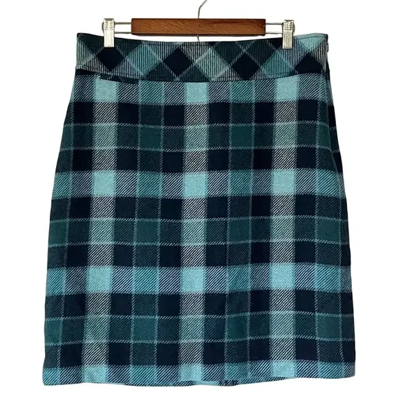 LL Bean Wool Plaid Midi Skirt Teal Navy Size 12 - Picture 1 of 10